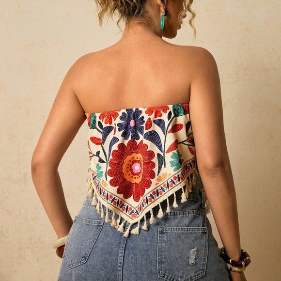 Apricot Boho Women's Floral Print Loose Tube Top - Picture 2 of 7